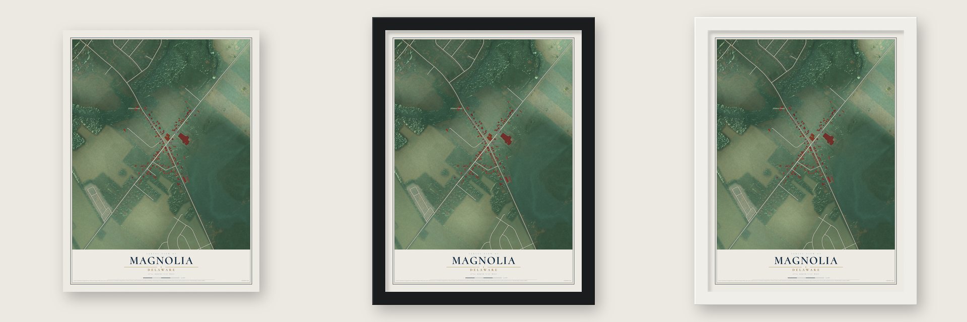 Magnolia, Delaware map unframed, in a black wood frame and in a white wood frame