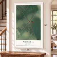 Magnolia, Delaware map, 24 x 36 inch print in a white frame by a staircase