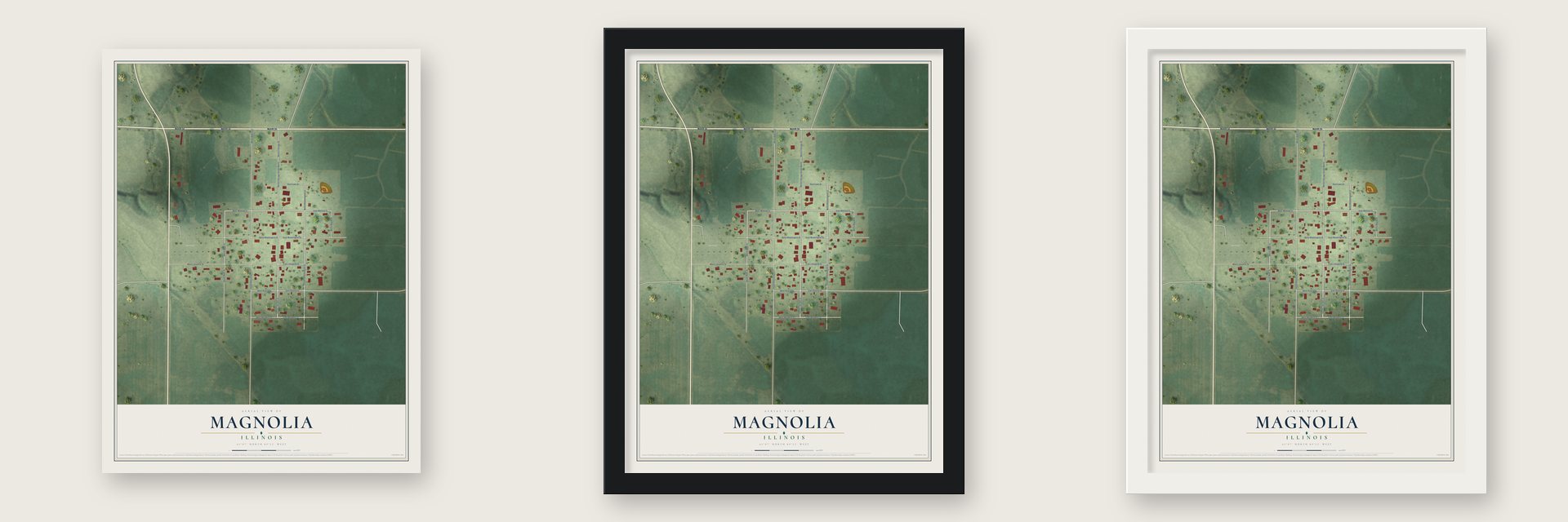 Magnolia, Illinois map unframed, in a black wood frame and in a white wood frame