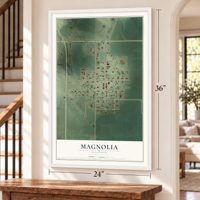 Magnolia, Illinois map, 24 x 36 inch print in a white frame by a staircase