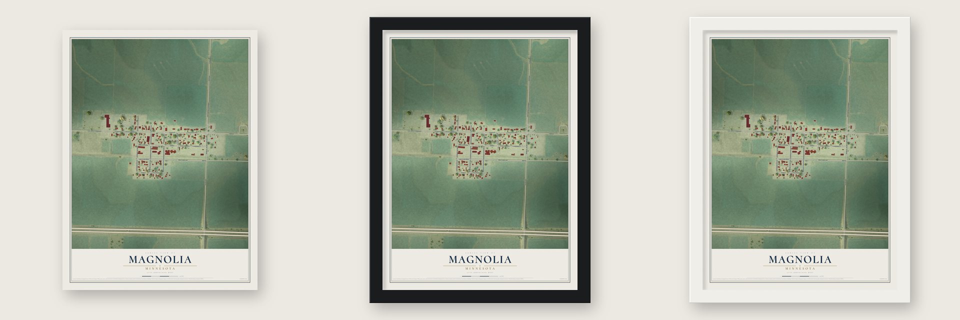 Magnolia, Minnesota map unframed, in a black wood frame and in a white wood frame