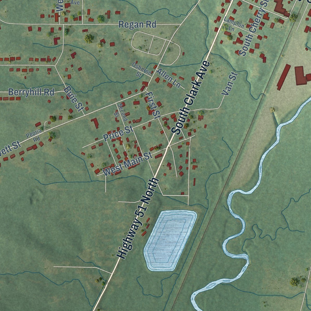 Second close-up of the map of Magnolia, Mississippi print showing more streets and buildings