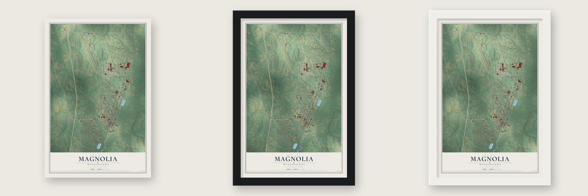 Magnolia, Mississippi map unframed, in a black wood frame and in a white wood frame