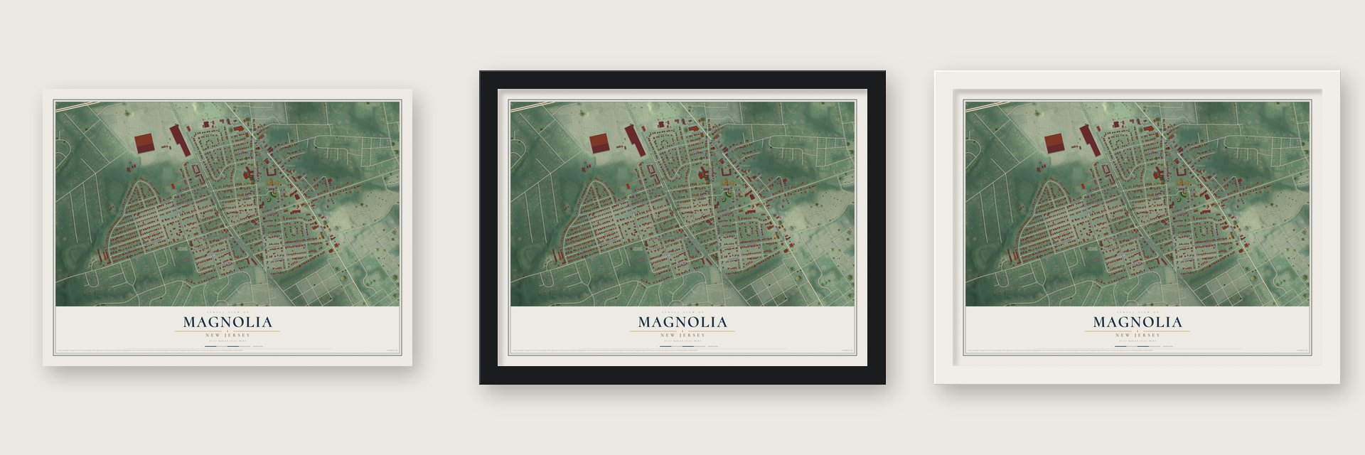 Magnolia, New Jersey map unframed, in a black wood frame and in a white wood frame