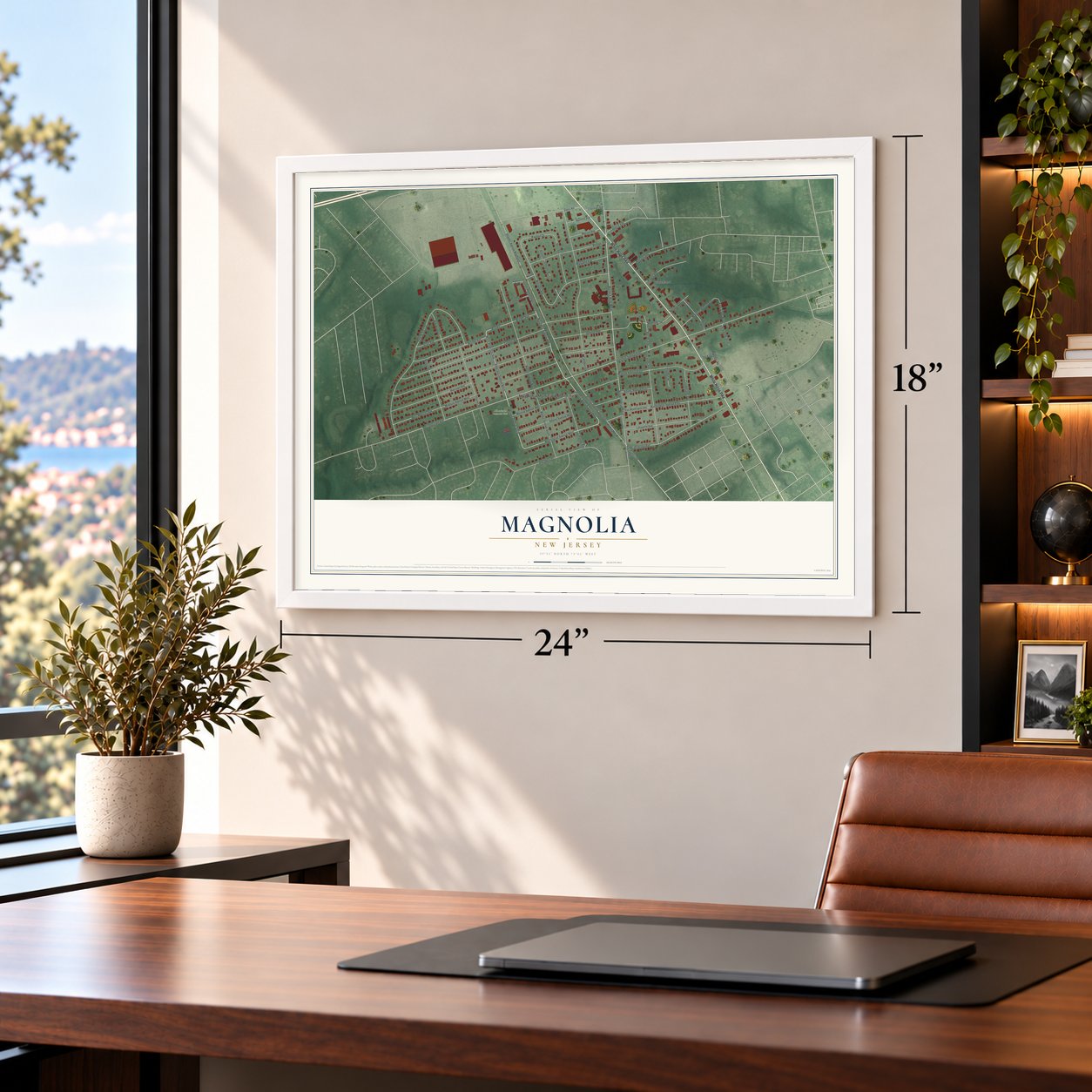 Magnolia, New Jersey map, 18 x 24 inch print in a white frame in a home office