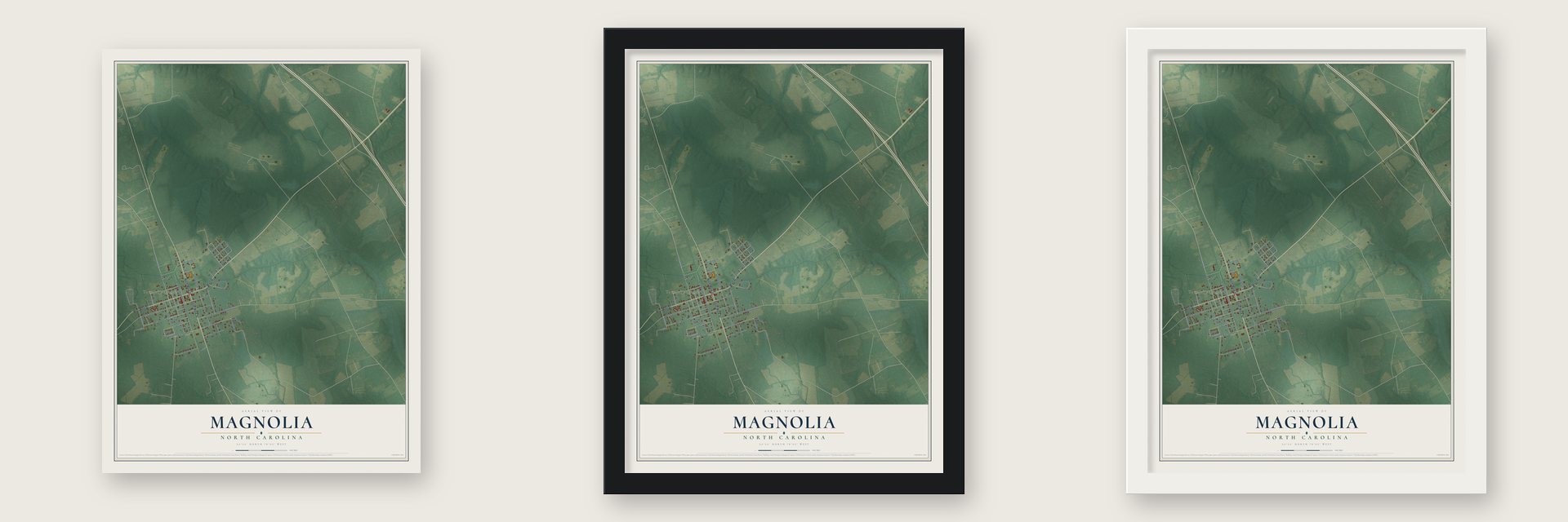 Magnolia, North Carolina map unframed, in a black wood frame and in a white wood frame