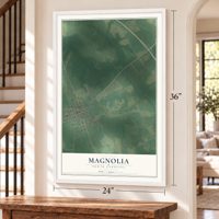 Magnolia, North Carolina map, 24 x 36 inch print in a white frame by a staircase