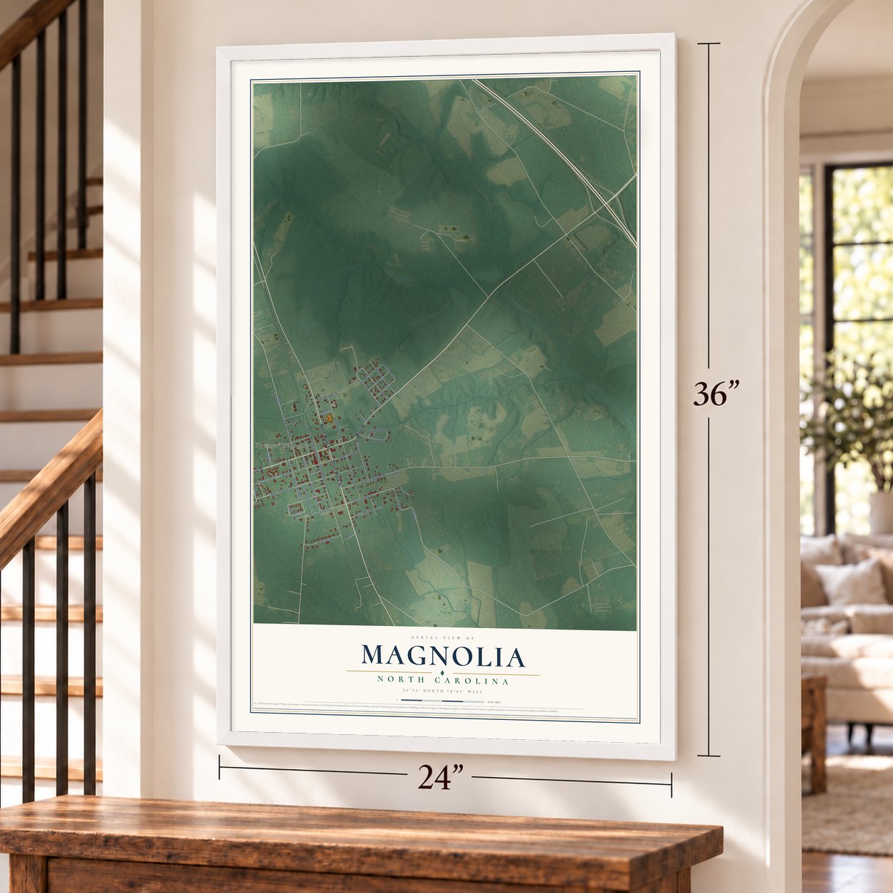 Magnolia, North Carolina map, 24 x 36 inch print in a white frame by a staircase