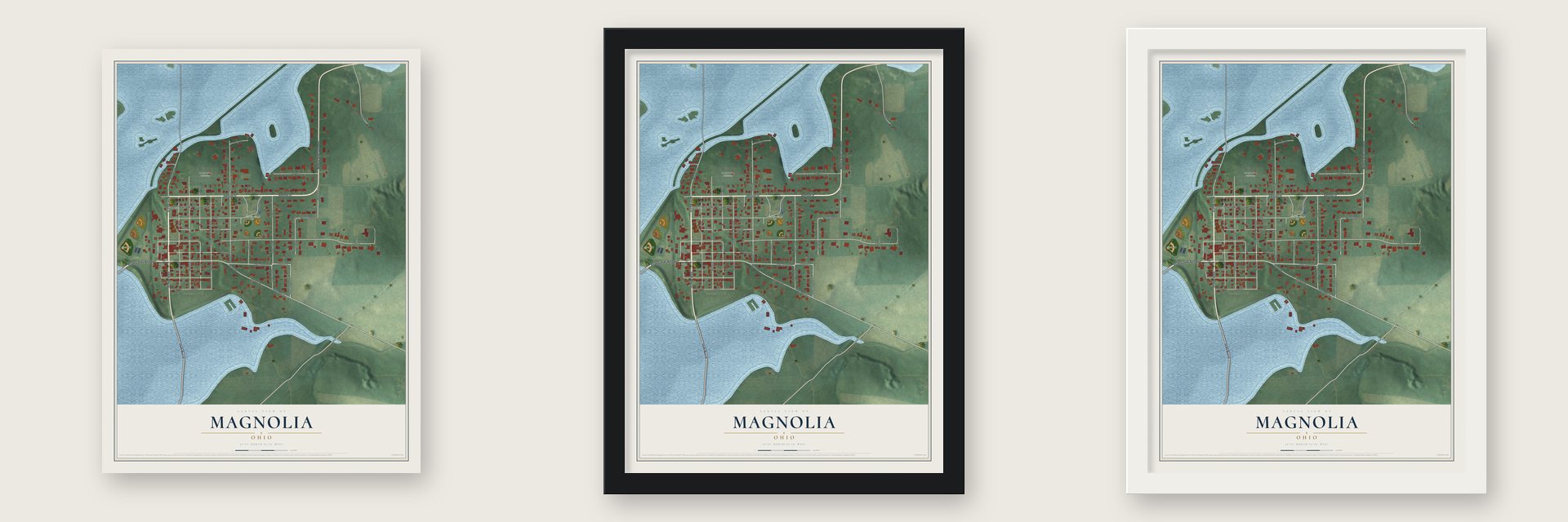 Magnolia, Ohio map unframed, in a black wood frame and in a white wood frame
