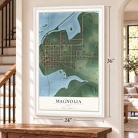 Magnolia, Ohio map, 24 x 36 inch print in a white frame by a staircase