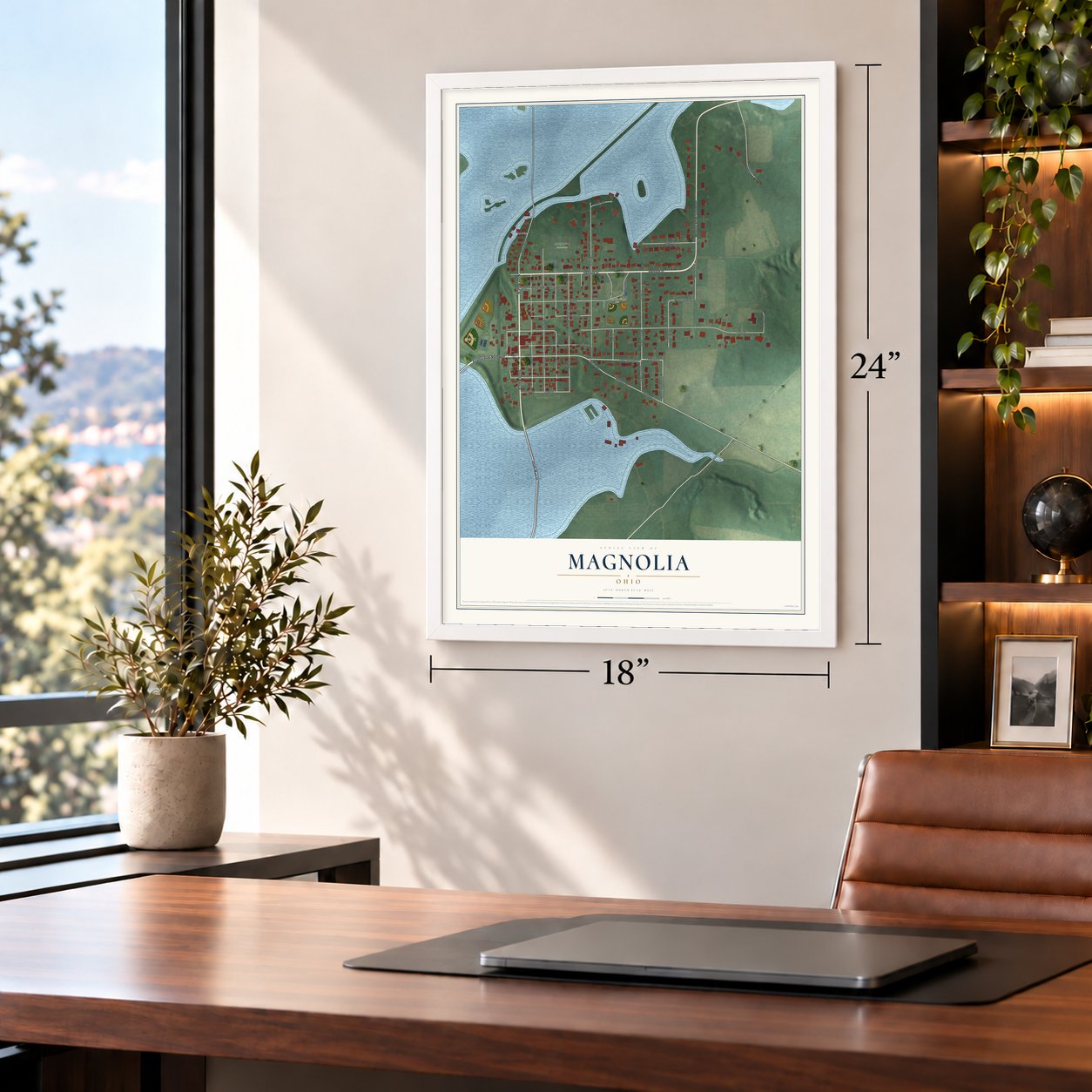 Magnolia, Ohio map, 18 x 24 inch print in a white frame in a home office