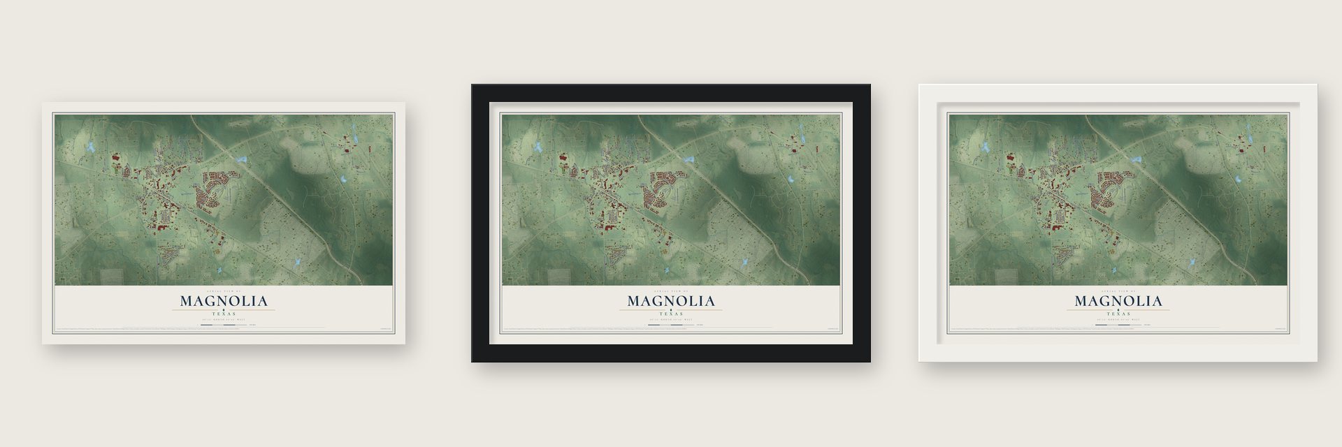 Magnolia, Texas map unframed, in a black wood frame and in a white wood frame