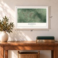Magnolia, Texas map, 12 x 18 inch print in a white frame in an entryway