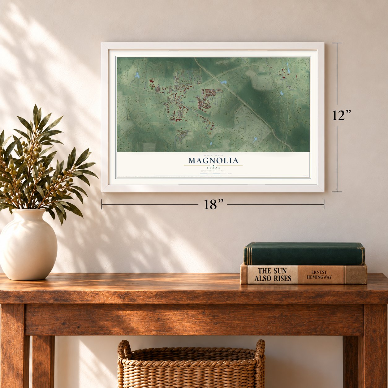 Magnolia, Texas map, 12 x 18 inch print in a white frame in an entryway