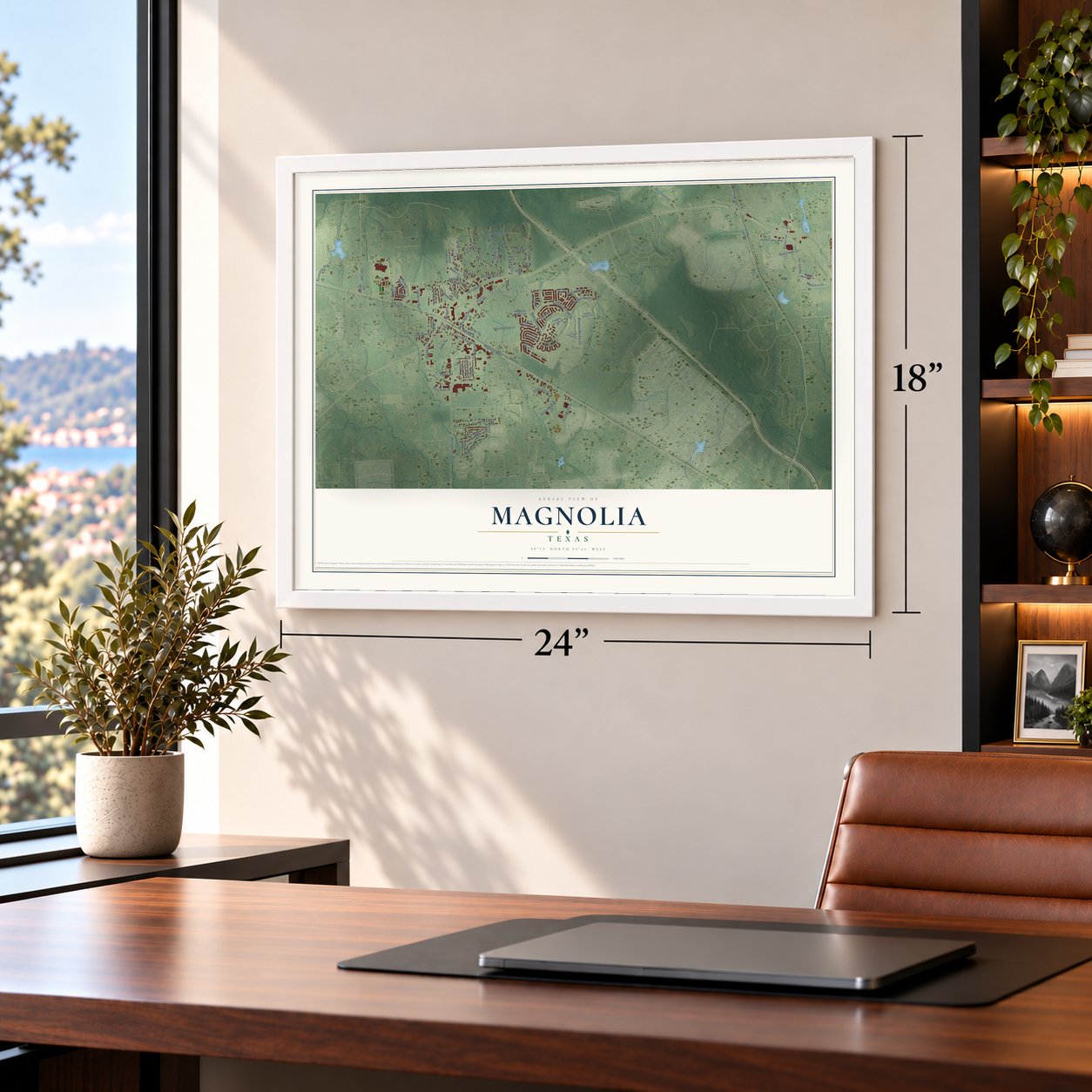 Magnolia, Texas map, 18 x 24 inch print in a white frame in a home office