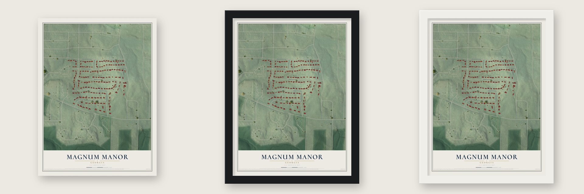 Magnum Manor, Georgia map unframed, in a black wood frame and in a white wood frame