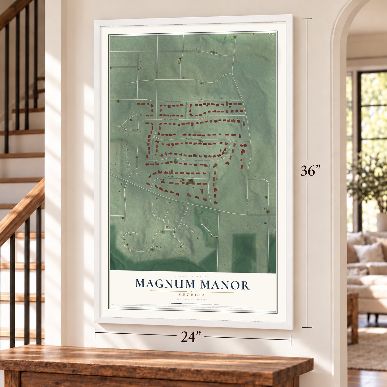 Magnum Manor, Georgia map, 24 x 36 inch print in a white frame by a staircase