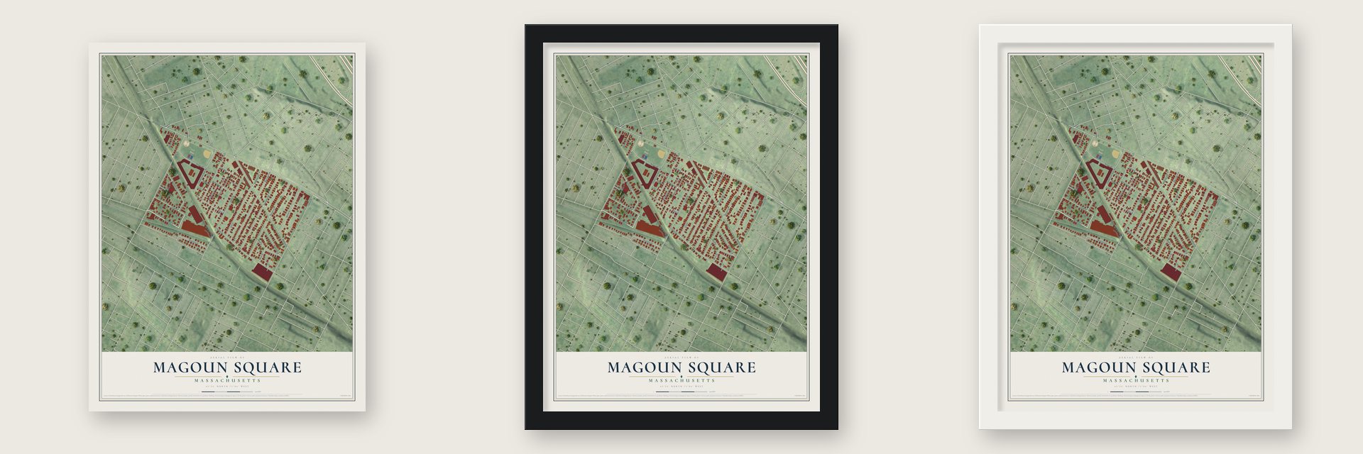 Magoun Square, Massachusetts map unframed, in a black wood frame and in a white wood frame