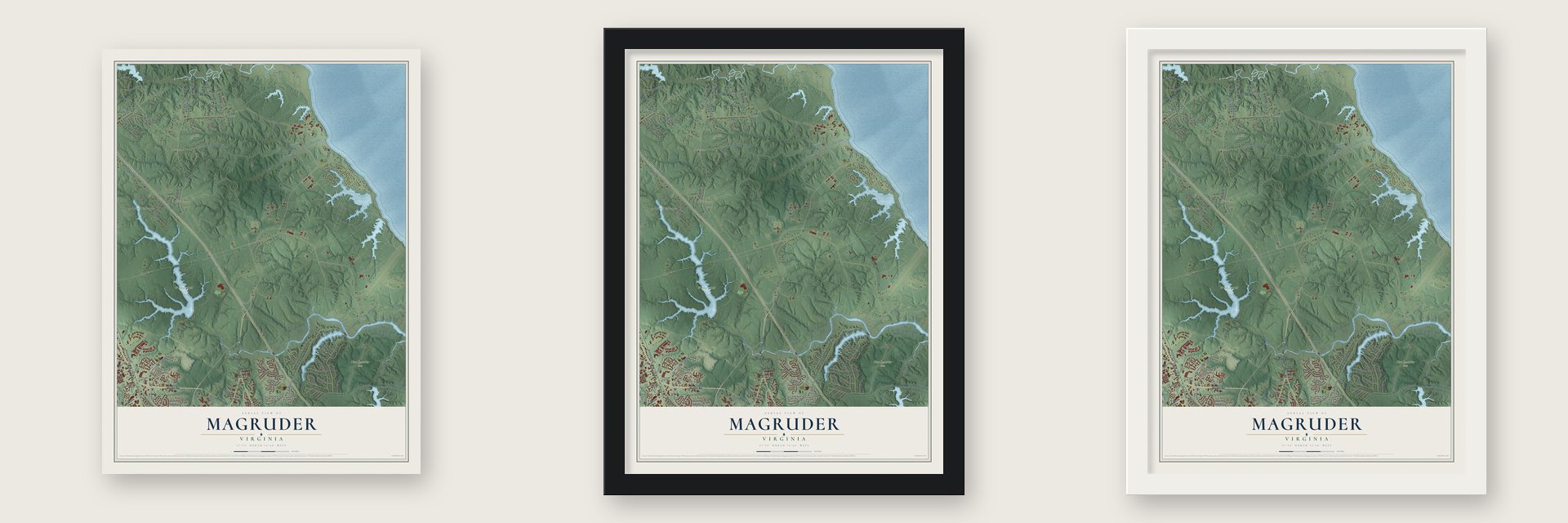 Magruder, Virginia map unframed, in a black wood frame and in a white wood frame