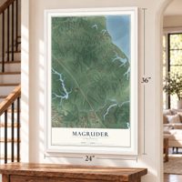 Magruder, Virginia map, 24 x 36 inch print in a white frame by a staircase
