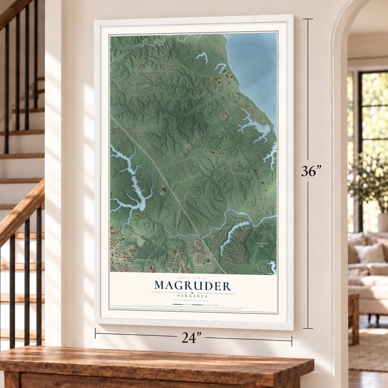 Magruder, Virginia map, 24 x 36 inch print in a white frame by a staircase
