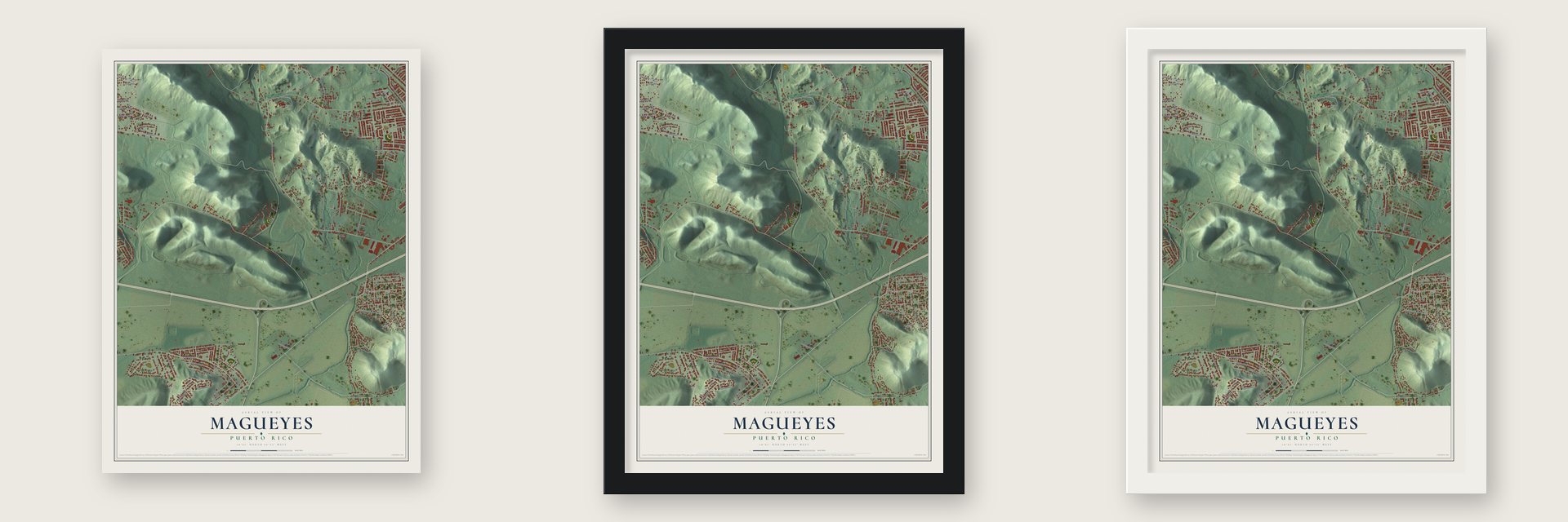 Magueyes, Puerto Rico map unframed, in a black wood frame and in a white wood frame
