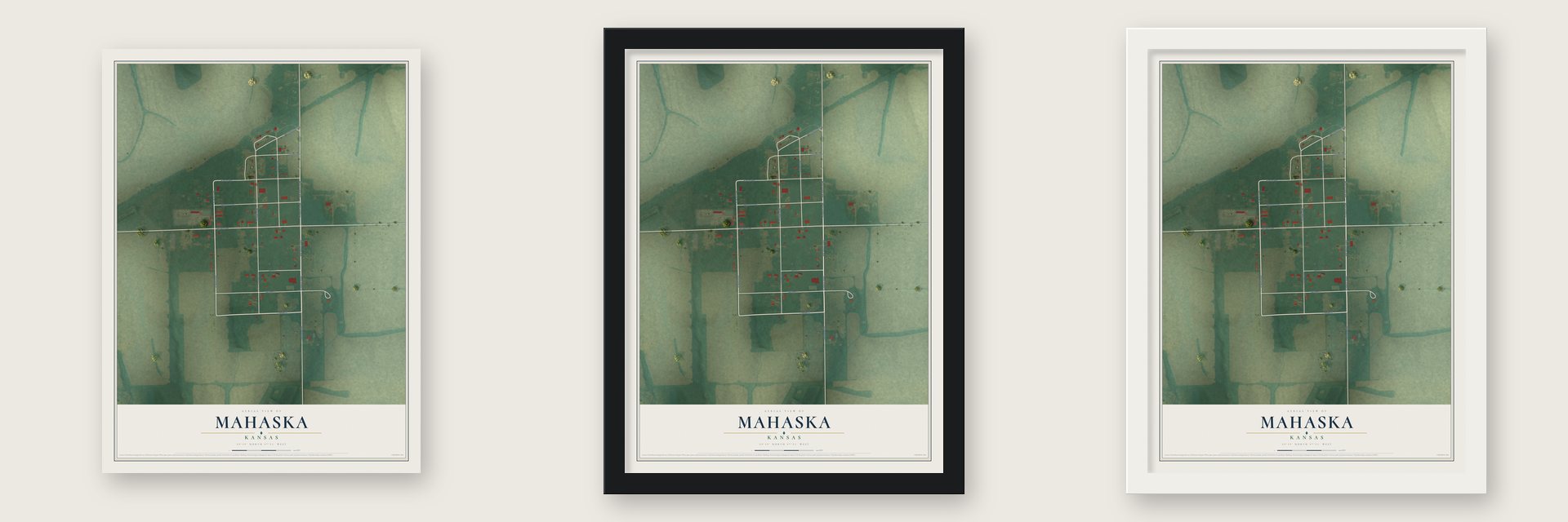 Mahaska, Kansas map unframed, in a black wood frame and in a white wood frame