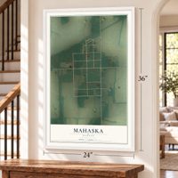 Mahaska, Kansas map, 24 x 36 inch print in a white frame by a staircase