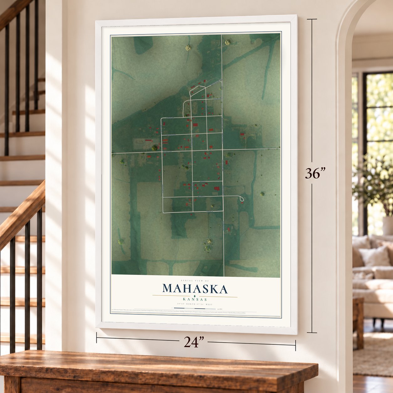 Mahaska, Kansas map, 24 x 36 inch print in a white frame by a staircase
