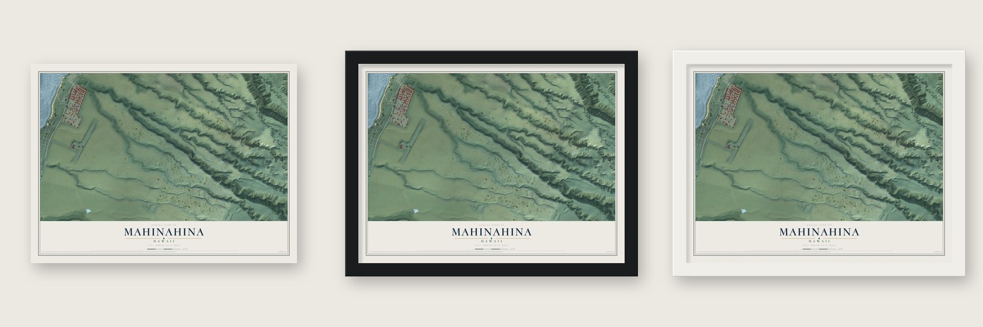 Mahinahina, Hawaii map unframed, in a black wood frame and in a white wood frame