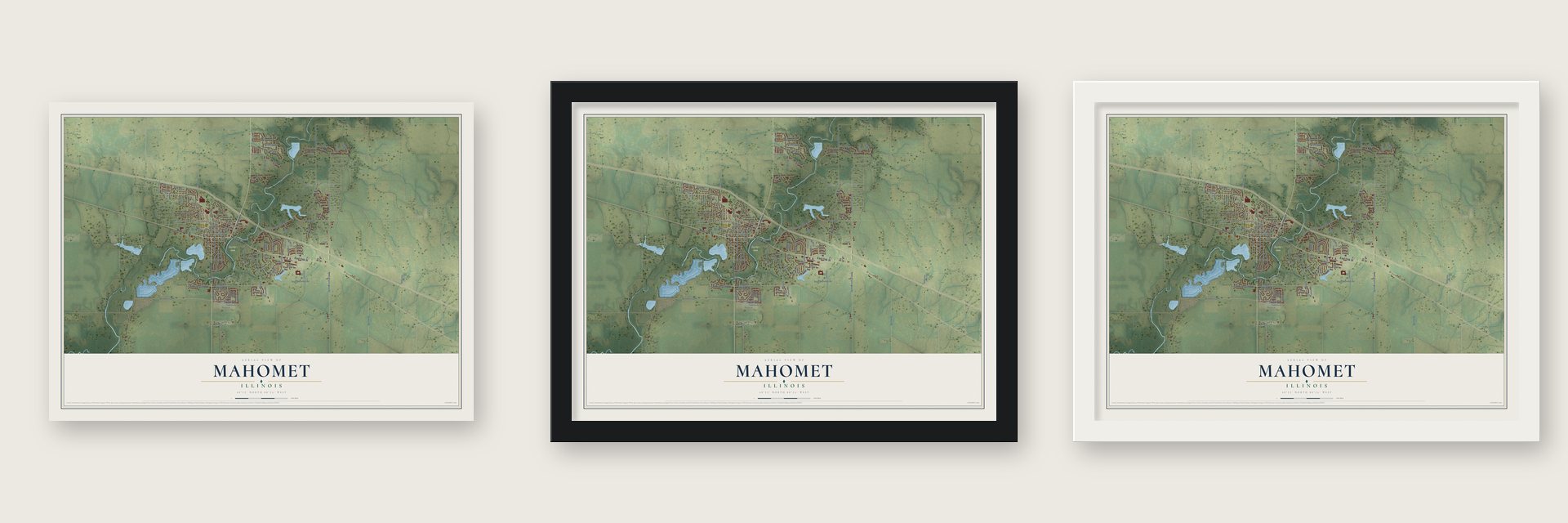 Mahomet, Illinois map unframed, in a black wood frame and in a white wood frame
