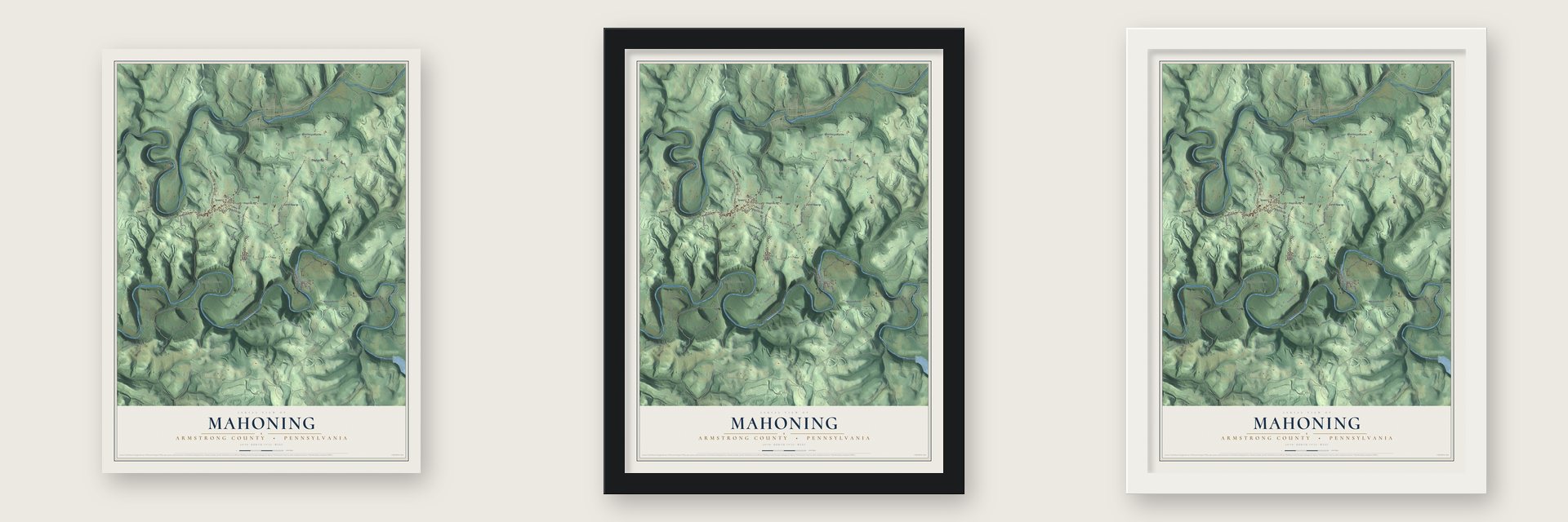 Mahoning, Armstrong County, Pennsylvania map unframed, in a black wood frame and in a white wood frame