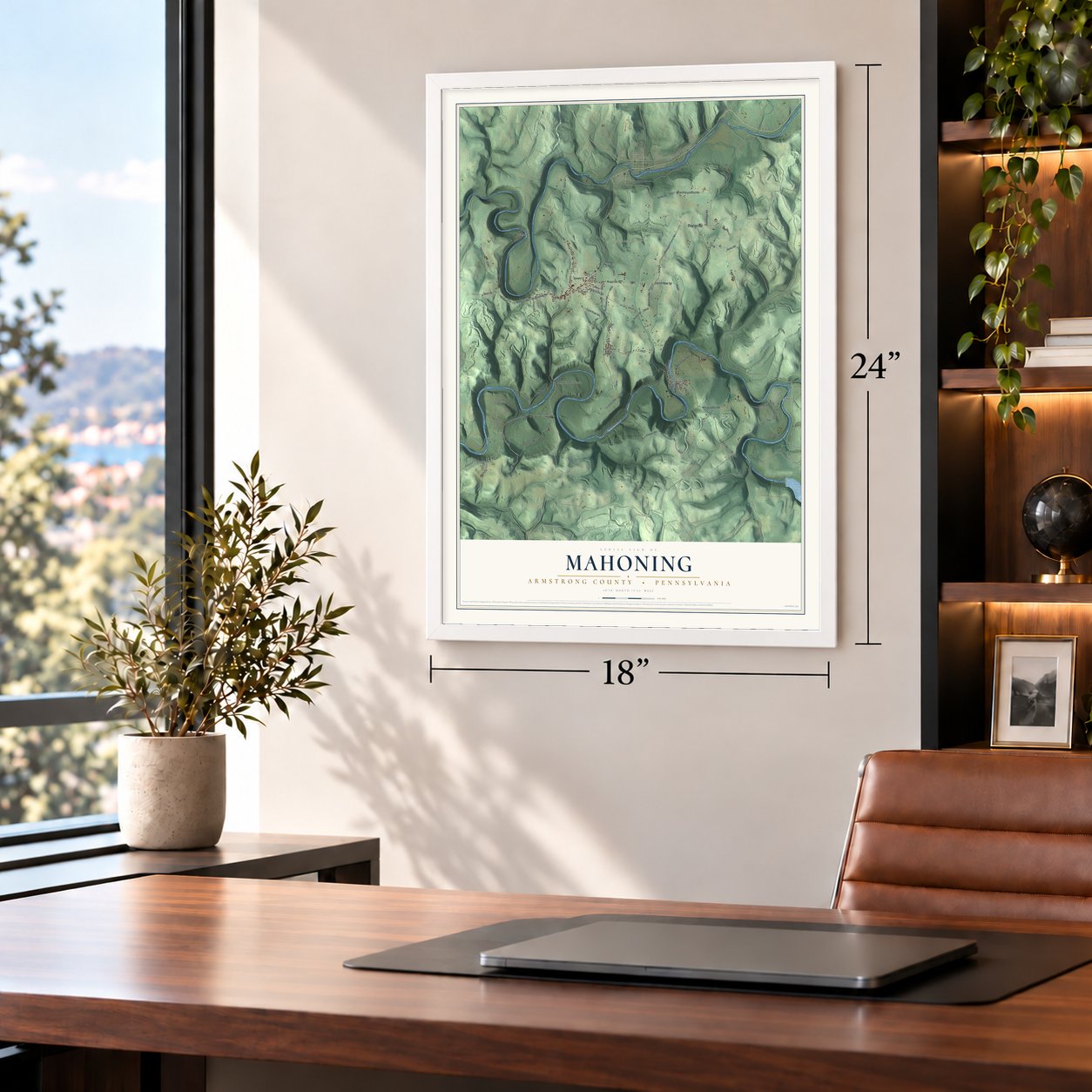Mahoning, Armstrong County, Pennsylvania map, 18 x 24 inch print in a white frame in a home office
