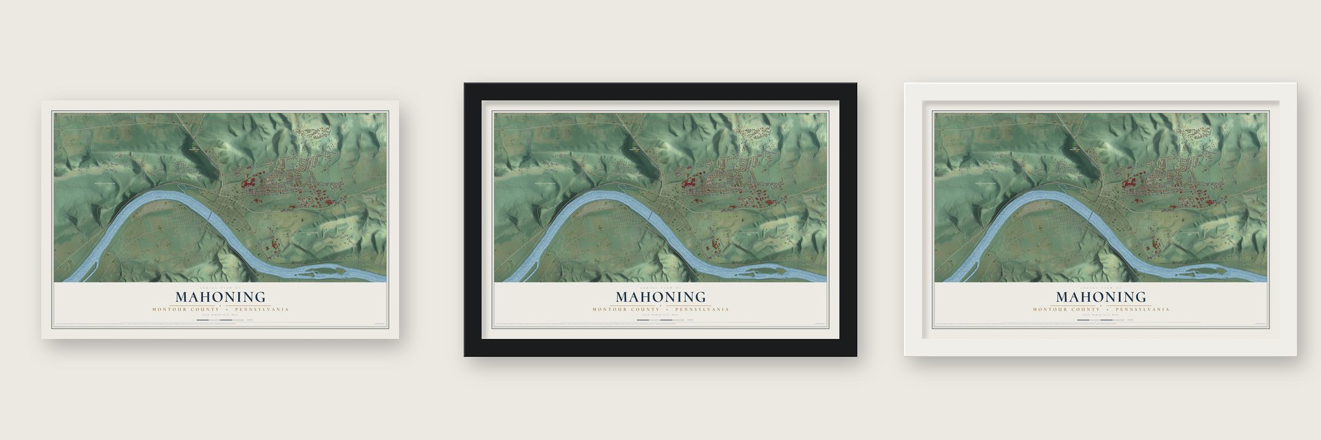 Mahoning, Montour County, Pennsylvania map unframed, in a black wood frame and in a white wood frame