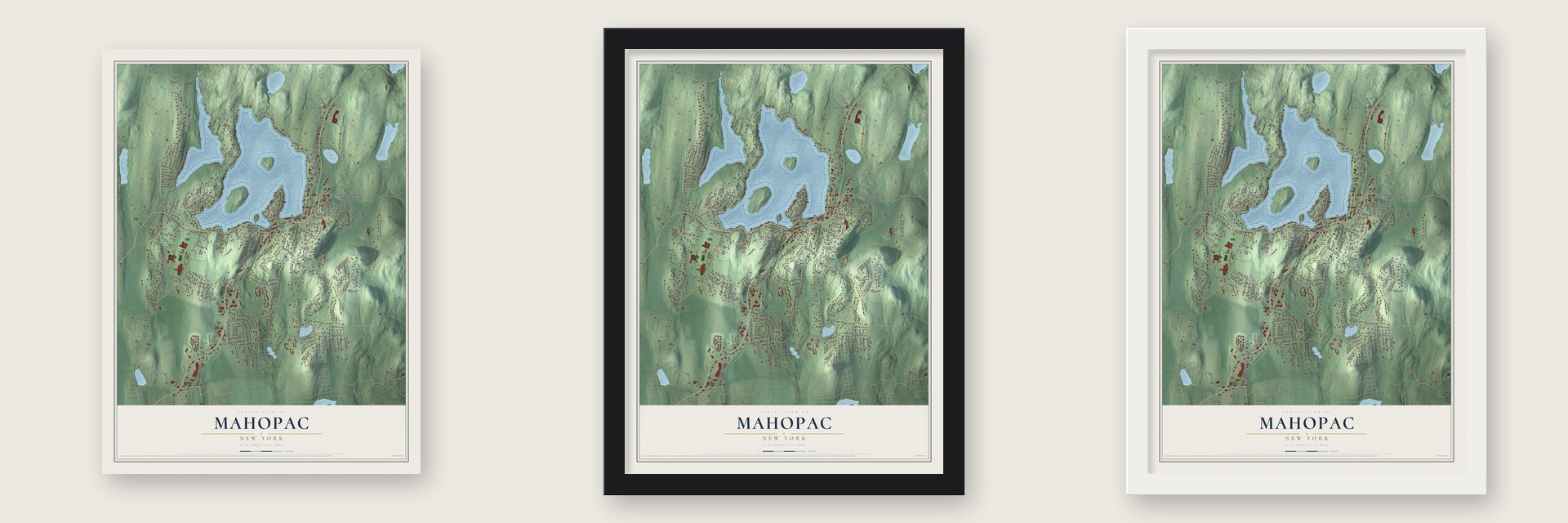 Mahopac, New York map unframed, in a black wood frame and in a white wood frame