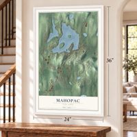 Mahopac, New York map, 24 x 36 inch print in a white frame by a staircase