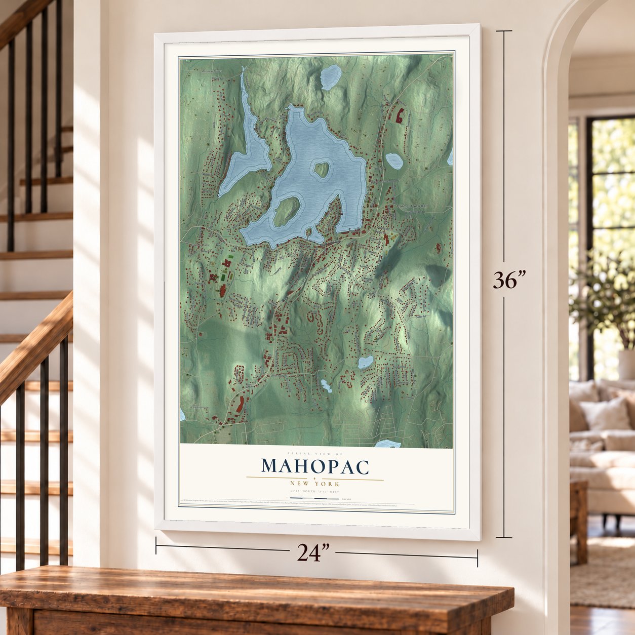 Mahopac, New York map, 24 x 36 inch print in a white frame by a staircase