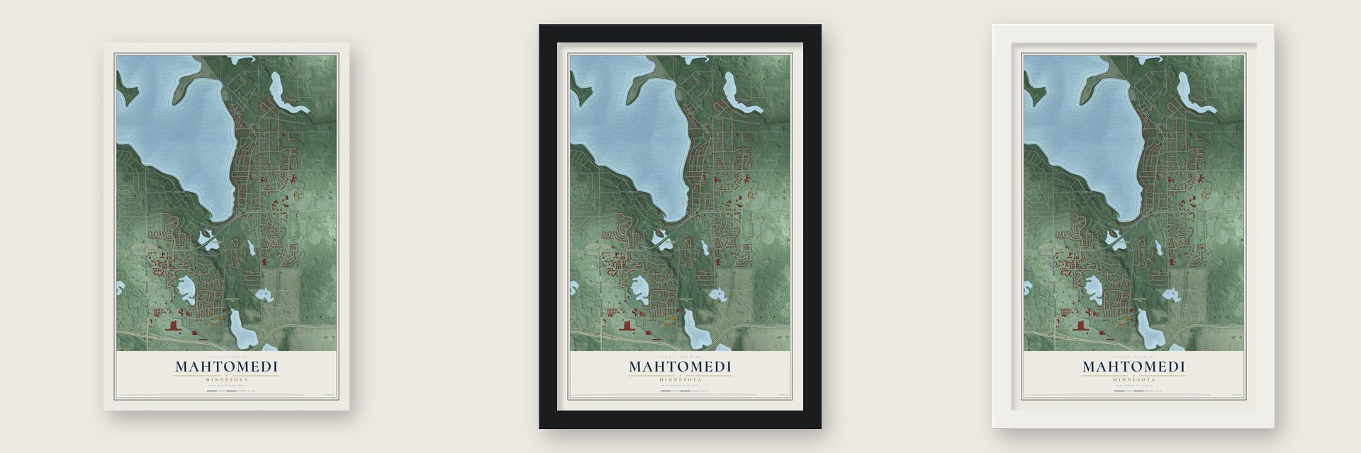 Mahtomedi, Minnesota map unframed, in a black wood frame and in a white wood frame