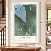 Mahtomedi, Minnesota map, 24 x 36 inch print in a white frame by a staircase