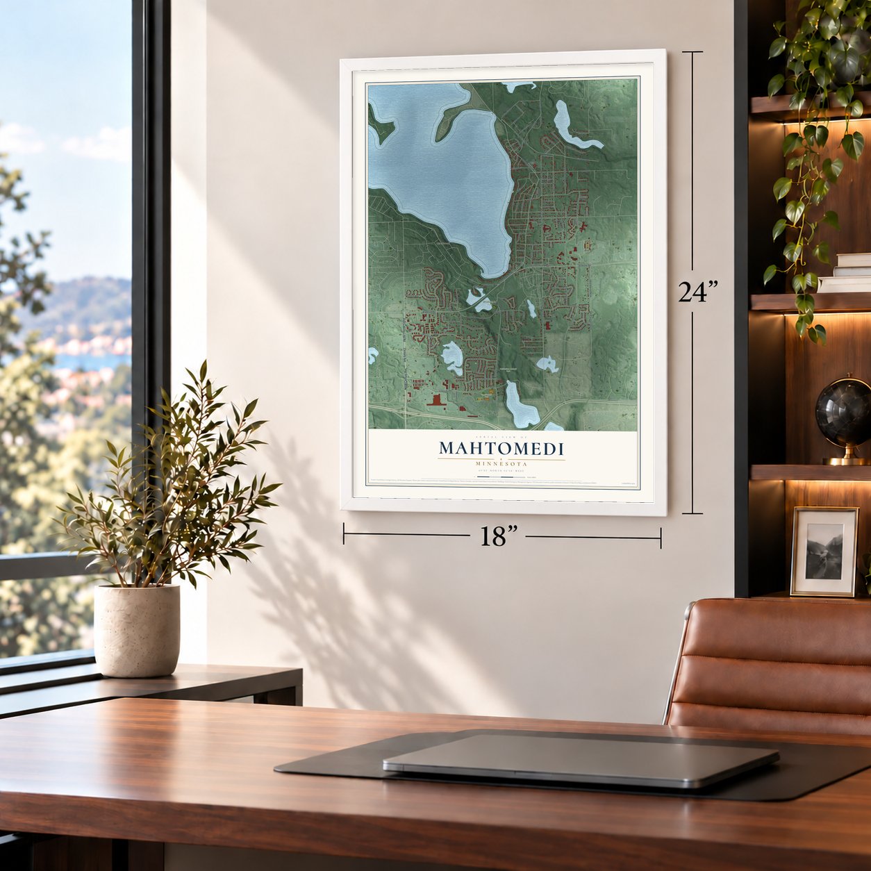 Mahtomedi, Minnesota map, 18 x 24 inch print in a white frame in a home office