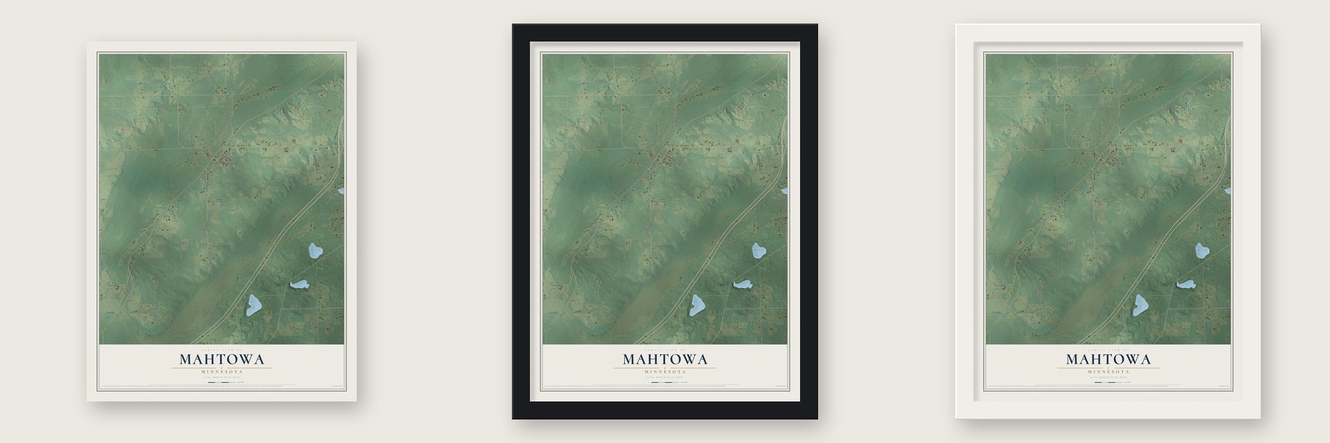 Mahtowa, Minnesota map unframed, in a black wood frame and in a white wood frame