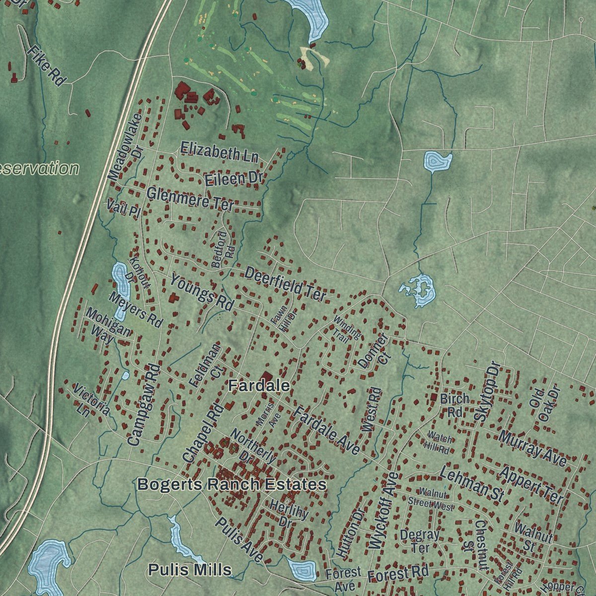 Second close-up of the map of Mahwah, New Jersey print showing more streets and buildings