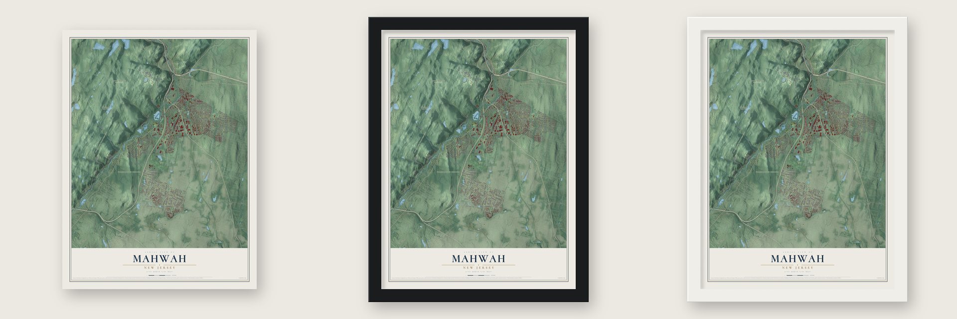 Mahwah, New Jersey map unframed, in a black wood frame and in a white wood frame