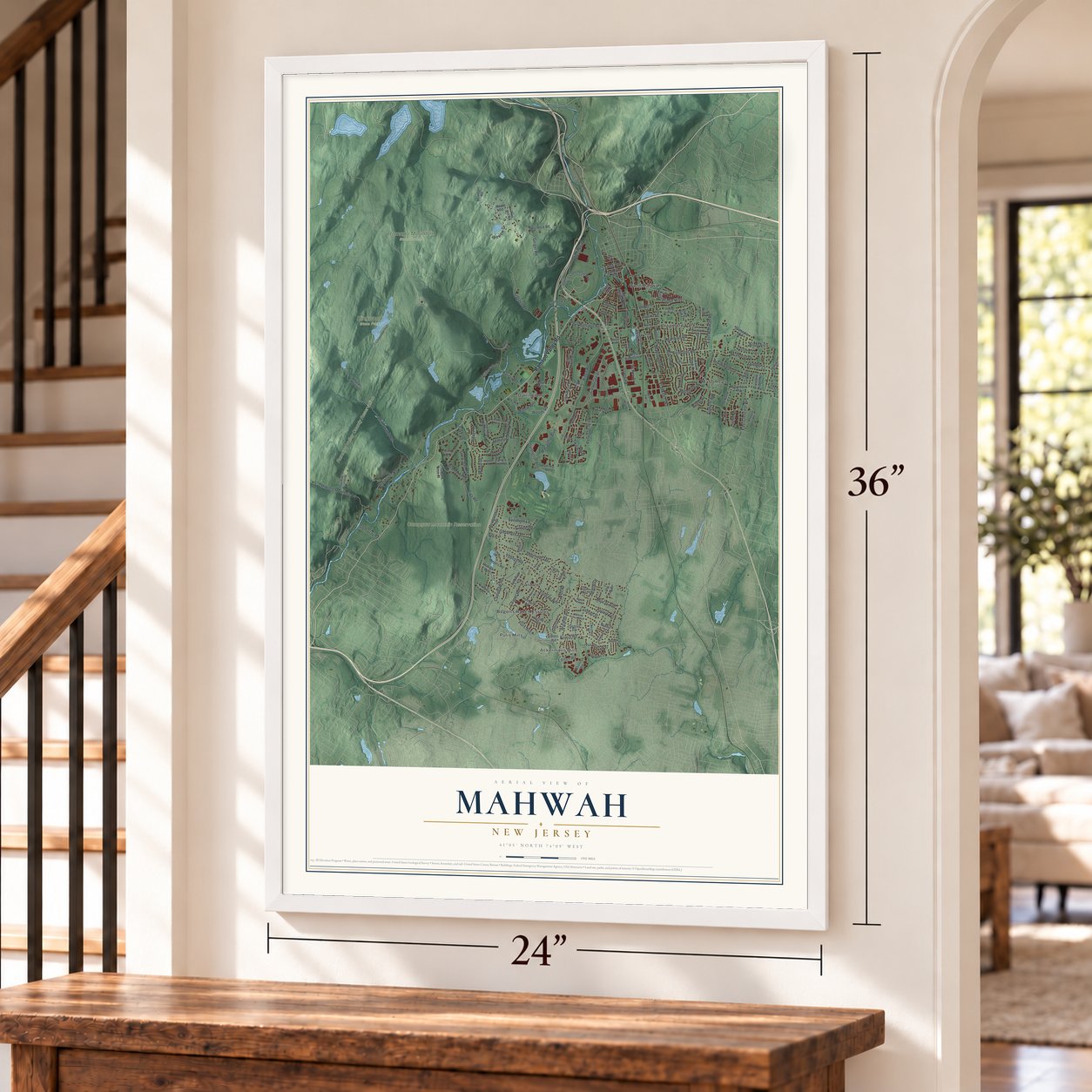 Mahwah, New Jersey map, 24 x 36 inch print in a white frame by a staircase