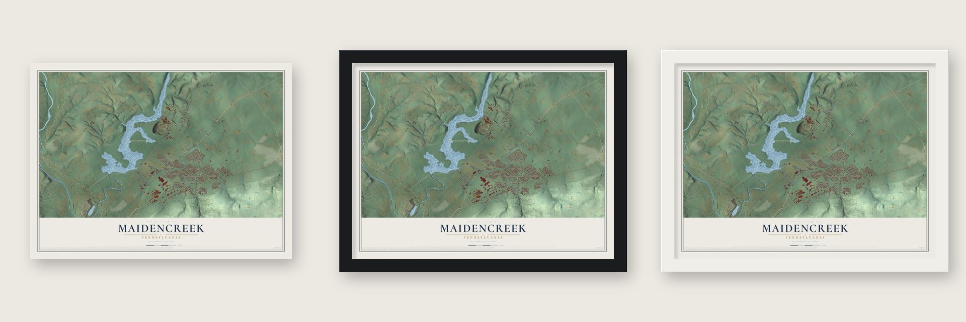 Maidencreek, Pennsylvania map unframed, in a black wood frame and in a white wood frame