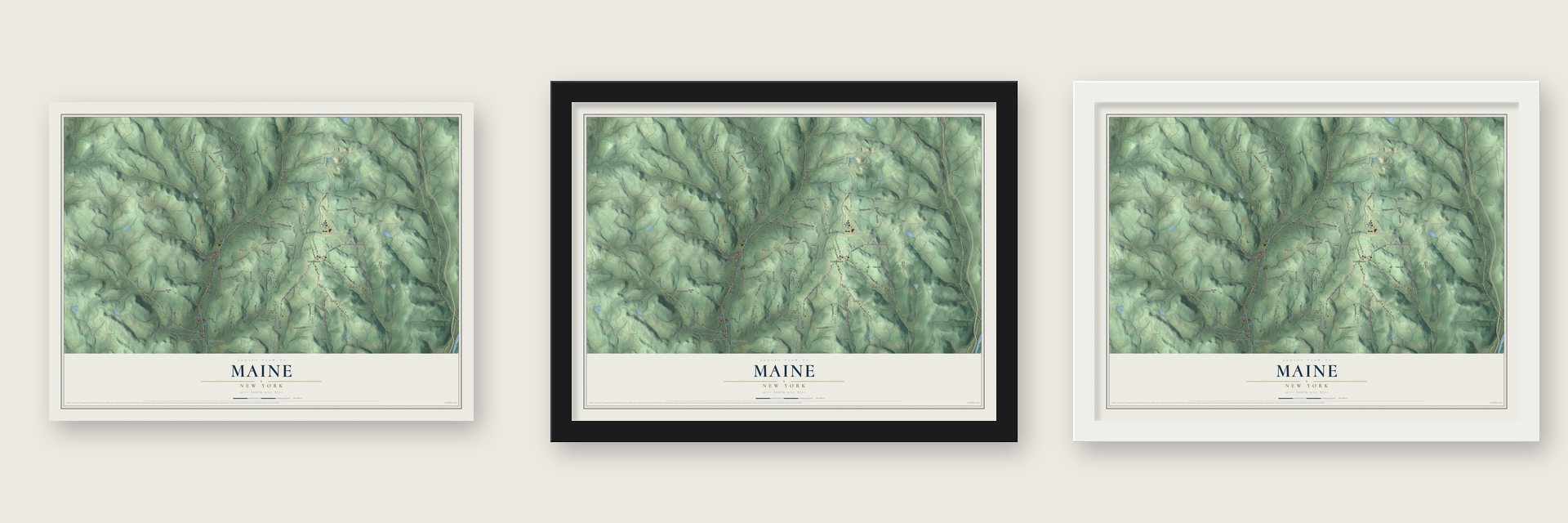 Maine, New York map unframed, in a black wood frame and in a white wood frame