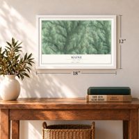 Maine, New York map, 12 x 18 inch print in a white frame in an entryway
