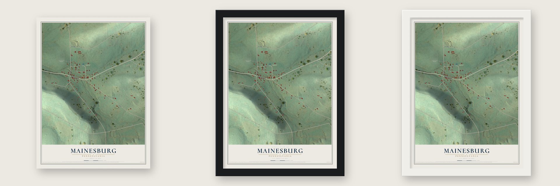 Mainesburg, Pennsylvania map unframed, in a black wood frame and in a white wood frame