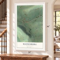 Mainesburg, Pennsylvania map, 24 x 36 inch print in a white frame by a staircase