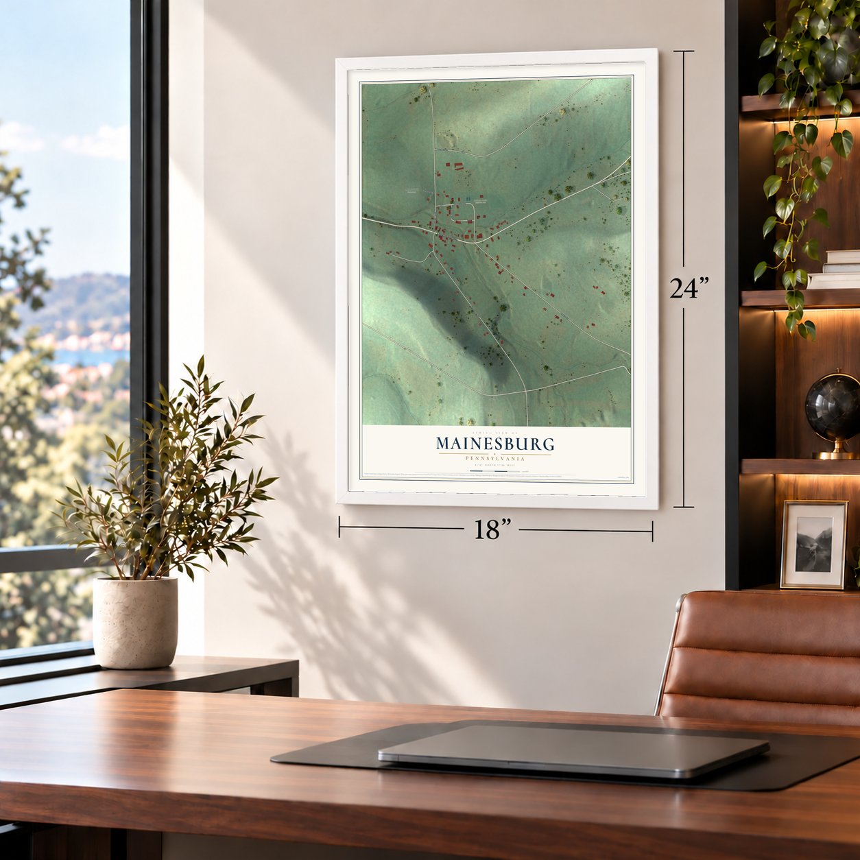 Mainesburg, Pennsylvania map, 18 x 24 inch print in a white frame in a home office